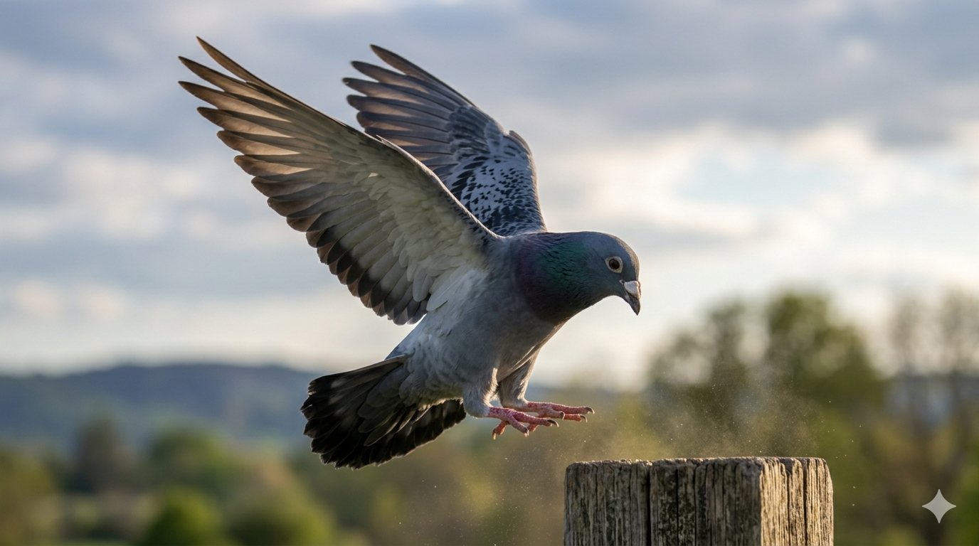 Racing pigeon in flight at dawn, wings fully extended